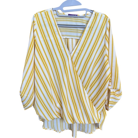 West Kei Yellow & White Stripe Surplice Roll Tab Sleeve Faux Wrap Blouse Size L - Picture 1 of 10